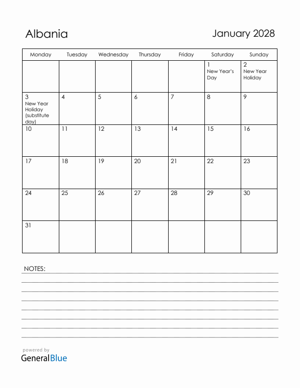January 2028 Albania Calendar with Holidays (Monday Start)