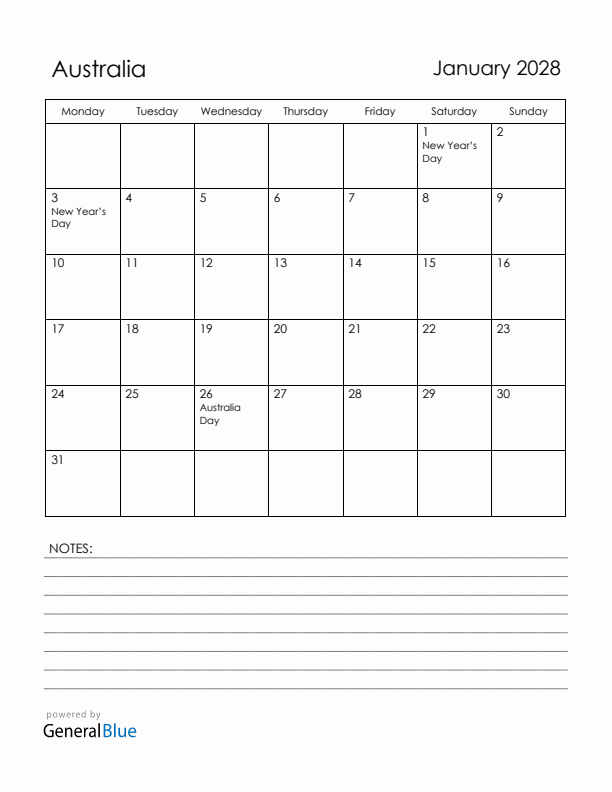 January 2028 Australia Calendar with Holidays (Monday Start)