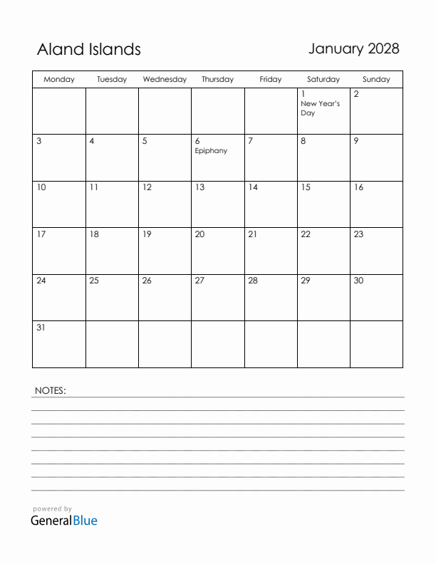 January 2028 Aland Islands Calendar with Holidays (Monday Start)