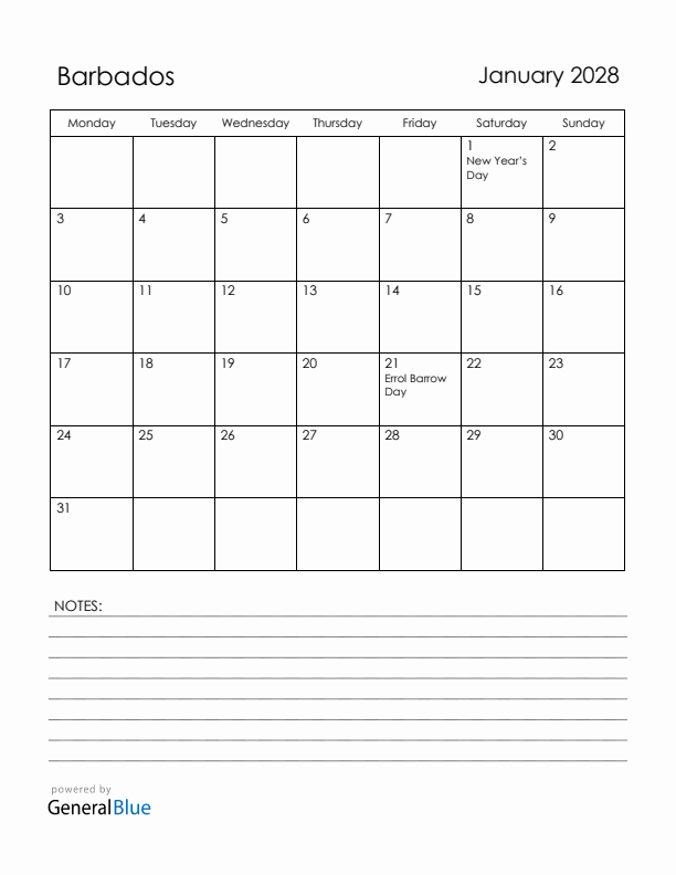 January 2028 Barbados Calendar with Holidays (Monday Start)