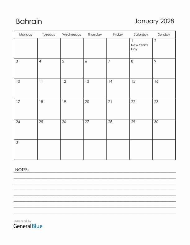 January 2028 Bahrain Calendar with Holidays (Monday Start)