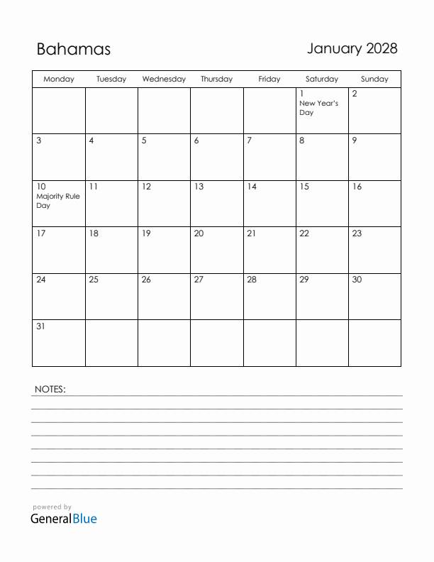 January 2028 Bahamas Calendar with Holidays (Monday Start)