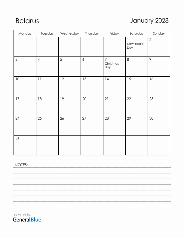 January 2028 Belarus Calendar with Holidays (Monday Start)