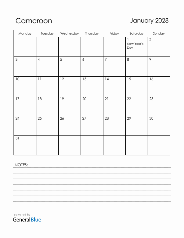 January 2028 Cameroon Calendar with Holidays (Monday Start)