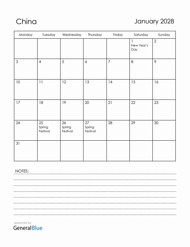 January 2028 China Calendar with Holidays (Monday Start)