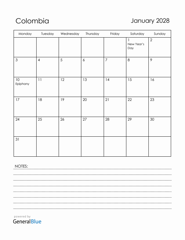 January 2028 Colombia Calendar with Holidays (Monday Start)