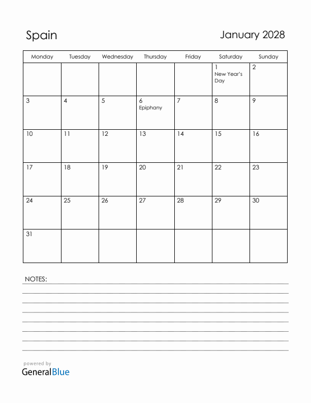 January 2028 Spain Calendar with Holidays (Monday Start)