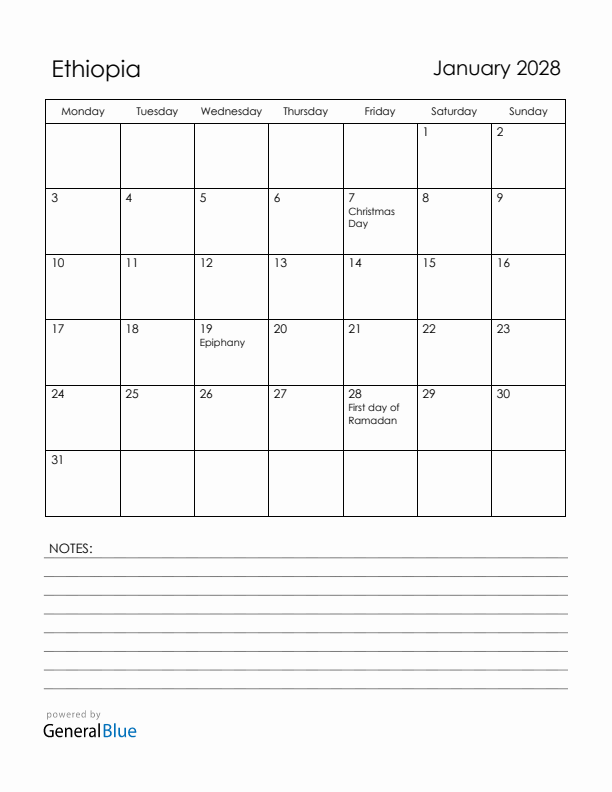 January 2028 Ethiopia Calendar with Holidays (Monday Start)