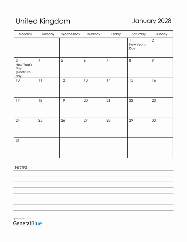 January 2028 United Kingdom Calendar with Holidays (Monday Start)