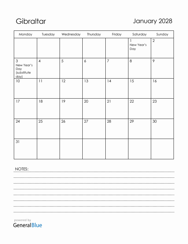 January 2028 Gibraltar Calendar with Holidays (Monday Start)