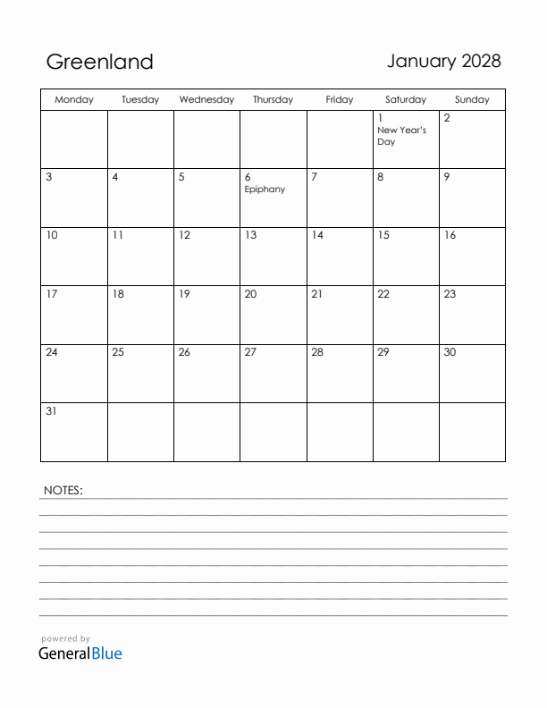 January 2028 Greenland Calendar with Holidays (Monday Start)