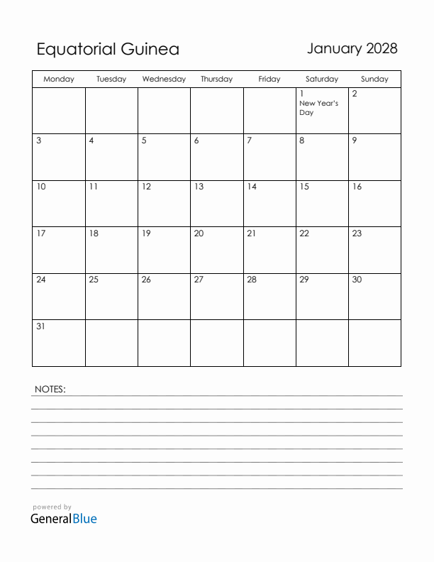 January 2028 Equatorial Guinea Calendar with Holidays (Monday Start)