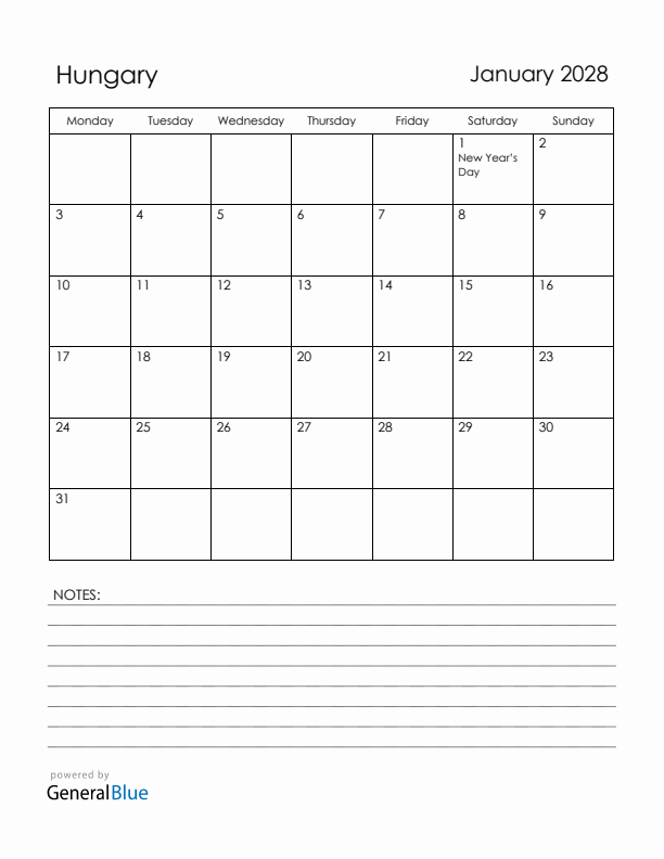 January 2028 Hungary Calendar with Holidays (Monday Start)