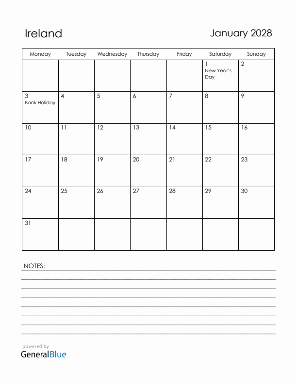 January 2028 Ireland Calendar with Holidays (Monday Start)