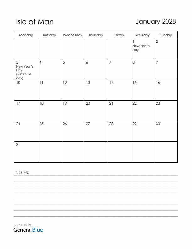 January 2028 Isle of Man Calendar with Holidays (Monday Start)