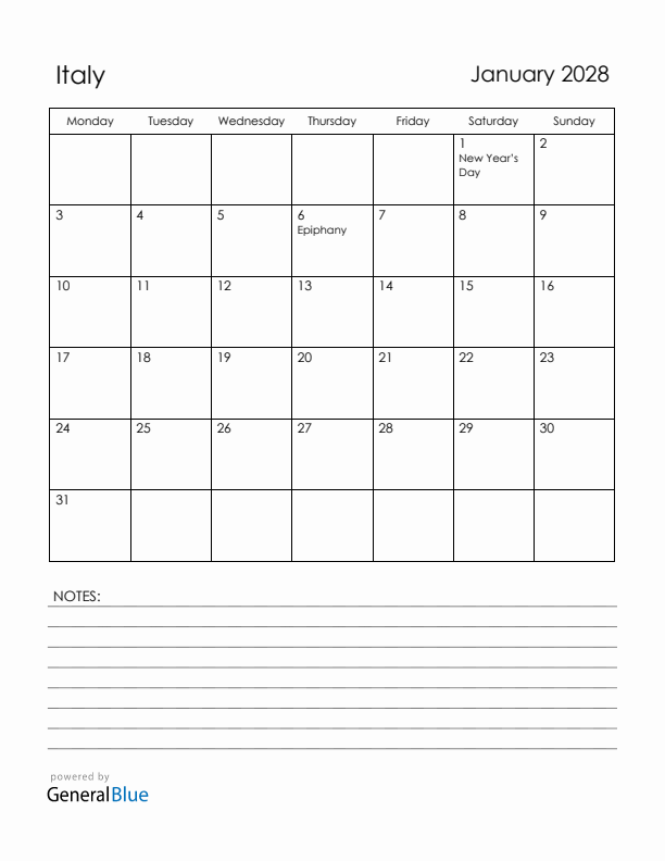 January 2028 Italy Calendar with Holidays (Monday Start)