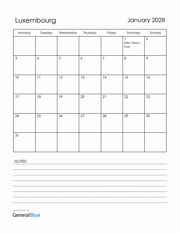 January 2028 Luxembourg Calendar with Holidays (Monday Start)