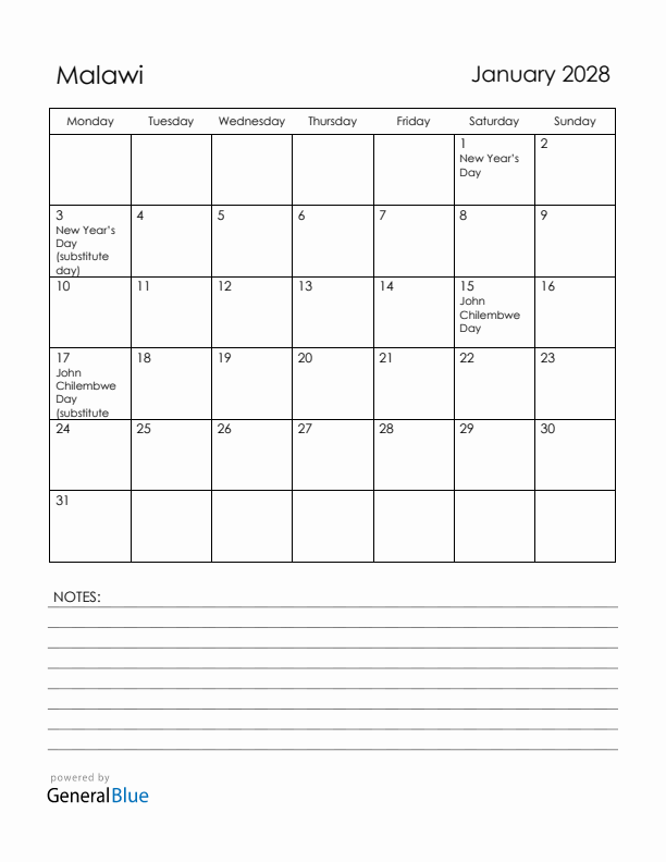 January 2028 Malawi Calendar with Holidays (Monday Start)