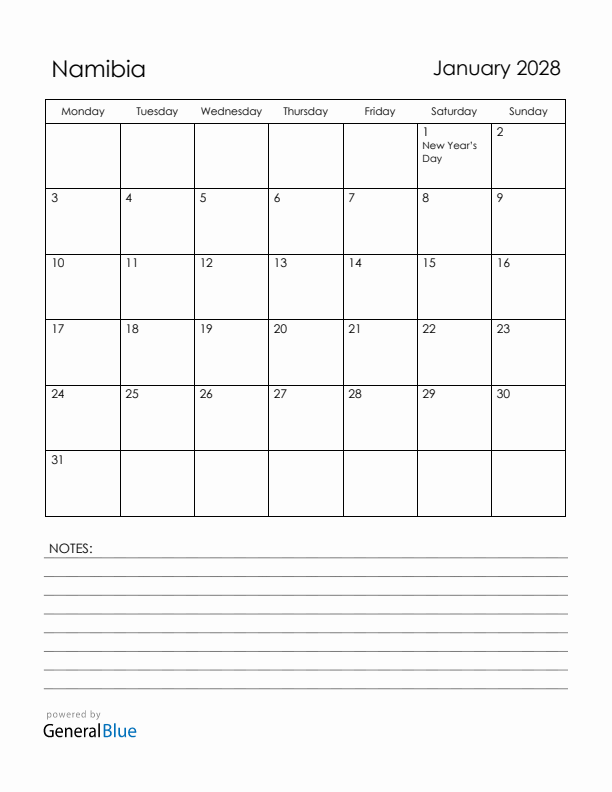 January 2028 Namibia Calendar with Holidays (Monday Start)