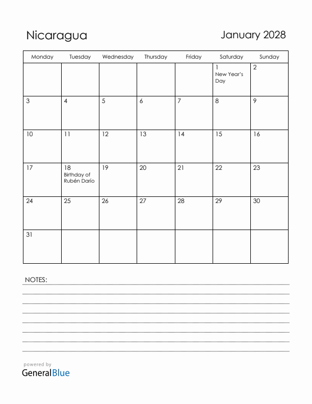 January 2028 Nicaragua Calendar with Holidays (Monday Start)