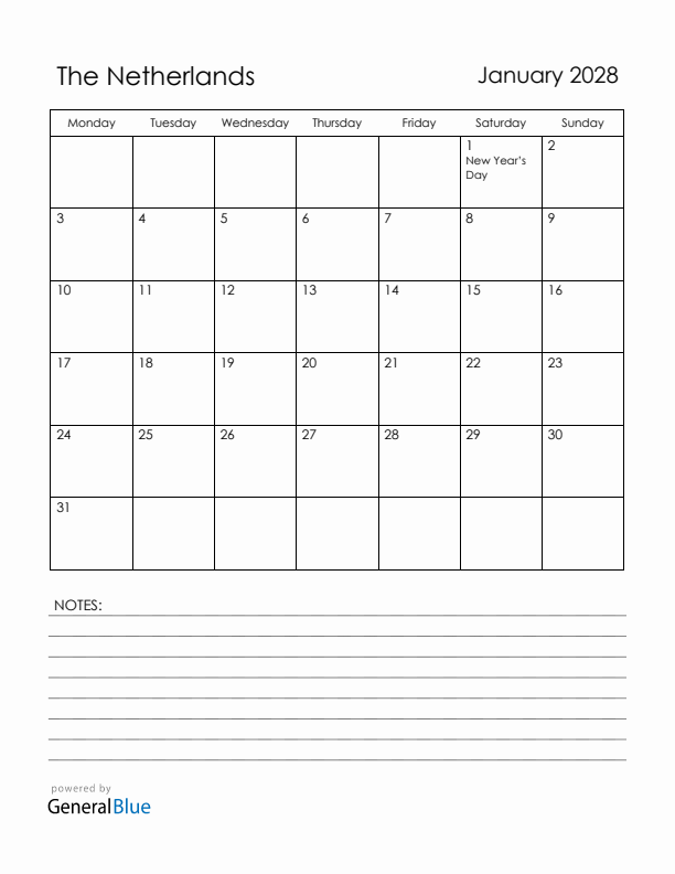 January 2028 The Netherlands Calendar with Holidays (Monday Start)
