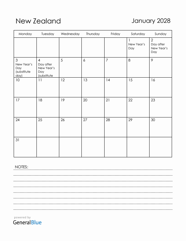 January 2028 New Zealand Calendar with Holidays (Monday Start)