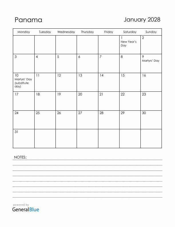 January 2028 Panama Calendar with Holidays (Monday Start)