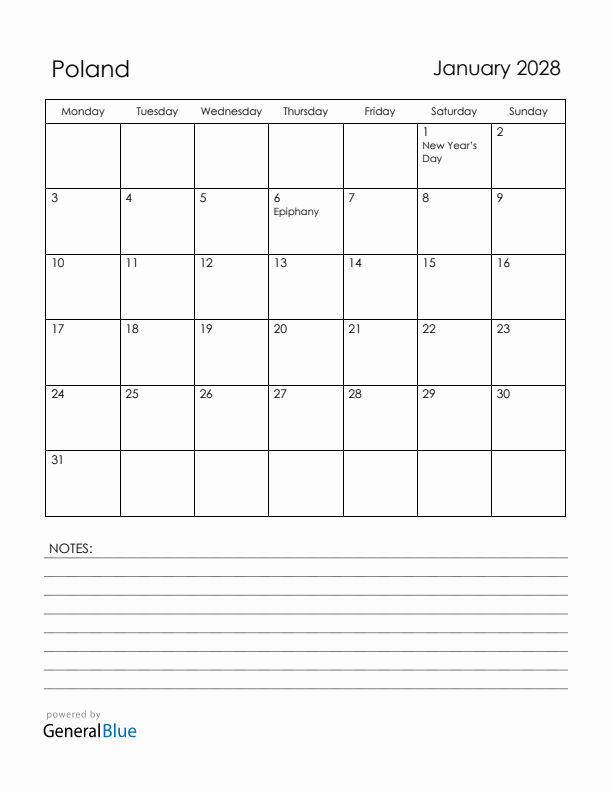 January 2028 Poland Calendar with Holidays (Monday Start)
