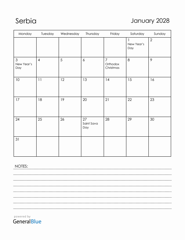 January 2028 Serbia Calendar with Holidays (Monday Start)