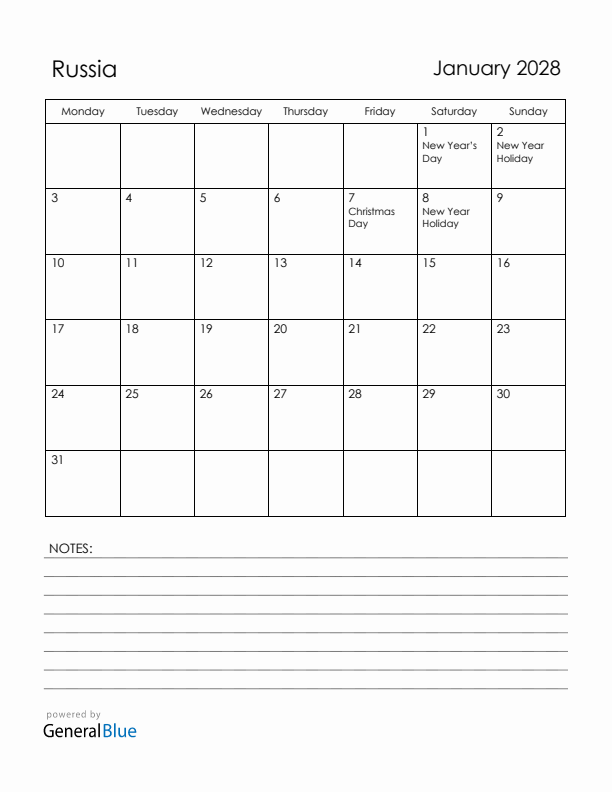 January 2028 Russia Calendar with Holidays (Monday Start)