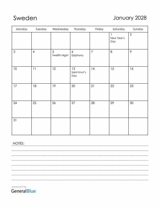 January 2028 Sweden Calendar with Holidays (Monday Start)