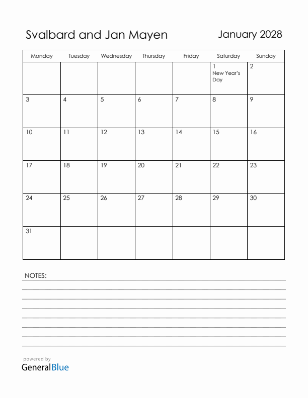 January 2028 Svalbard and Jan Mayen Calendar with Holidays (Monday Start)