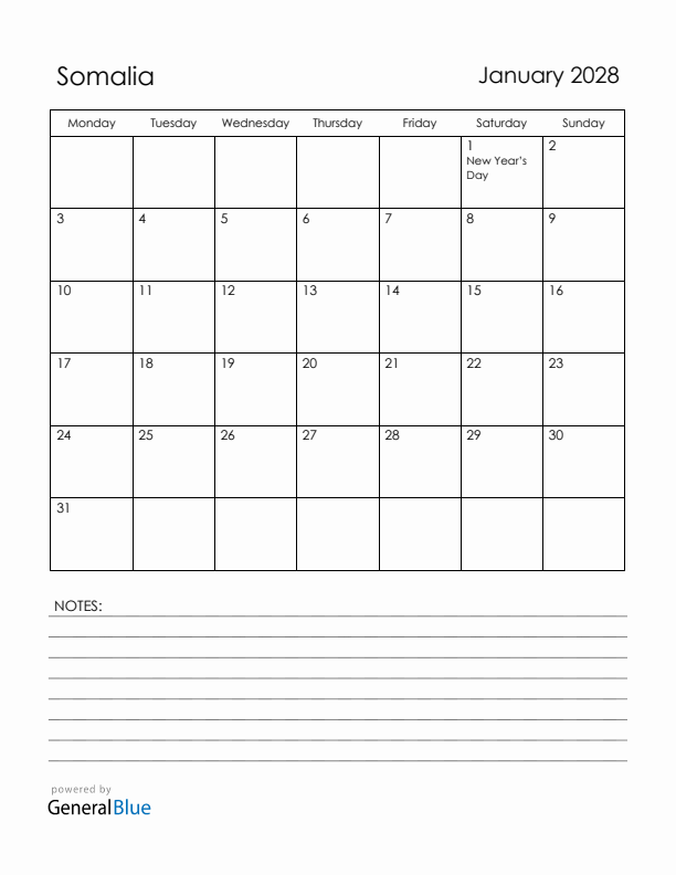 January 2028 Somalia Calendar with Holidays (Monday Start)