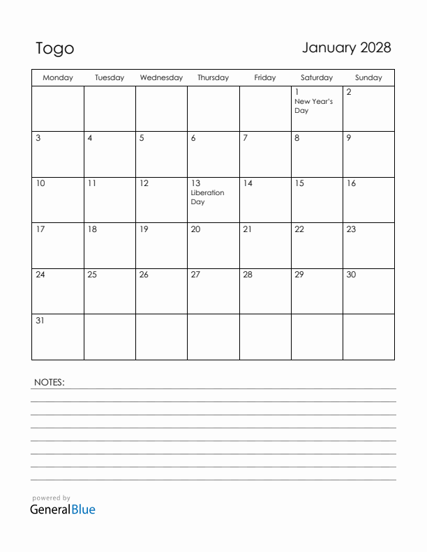 January 2028 Togo Calendar with Holidays (Monday Start)