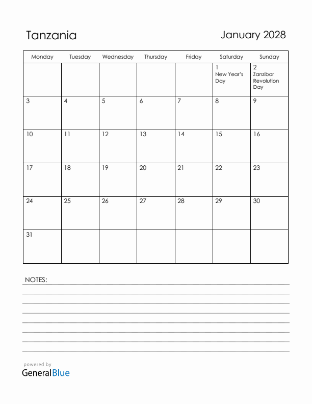 January 2028 Tanzania Calendar with Holidays (Monday Start)