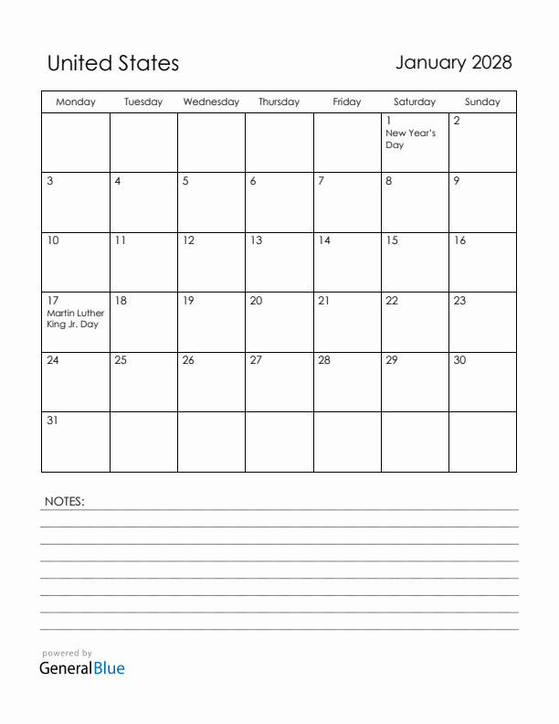 January 2028 United States Calendar with Holidays (Monday Start)