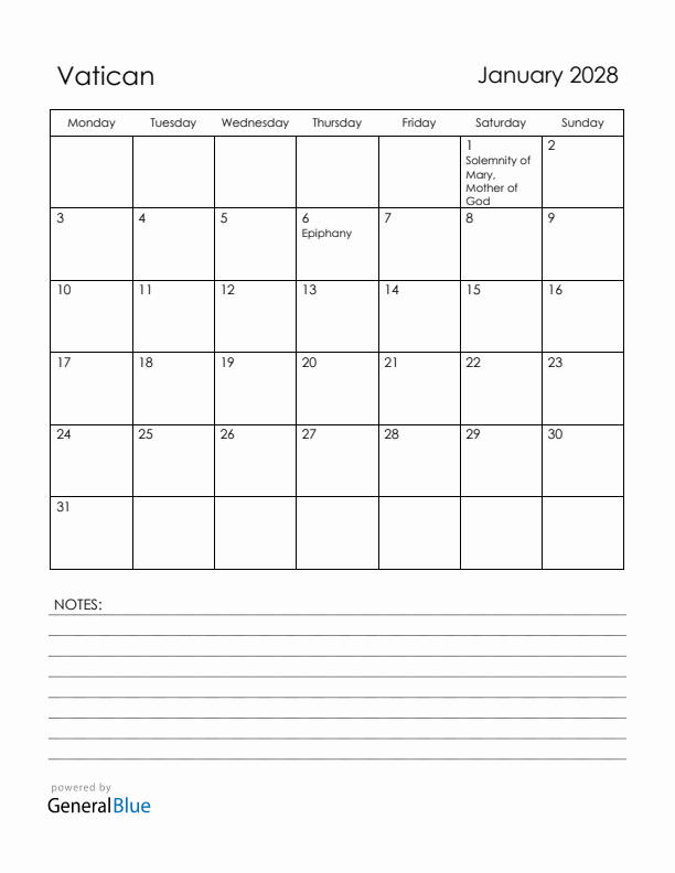 January 2028 Vatican Calendar with Holidays (Monday Start)