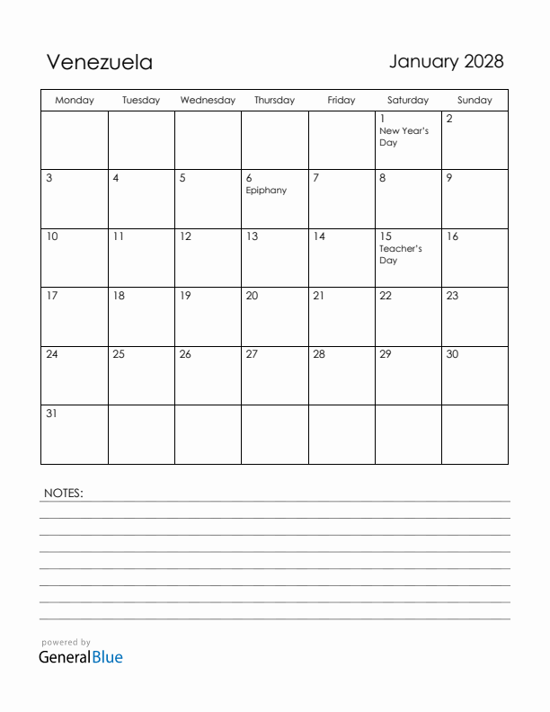 January 2028 Venezuela Calendar with Holidays (Monday Start)