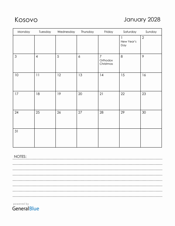 January 2028 Kosovo Calendar with Holidays (Monday Start)