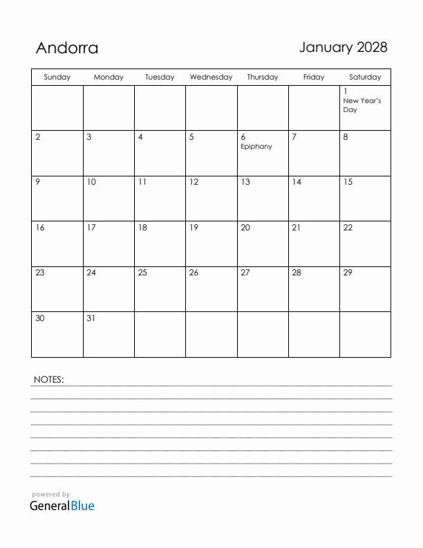 January 2028 Andorra Calendar with Holidays (Sunday Start)