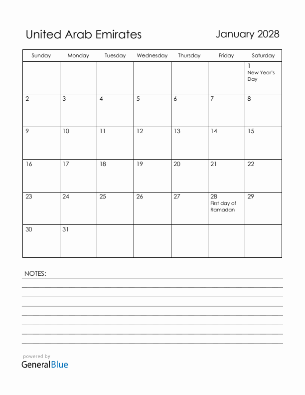 January 2028 United Arab Emirates Calendar with Holidays (Sunday Start)