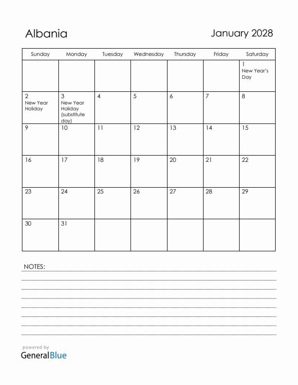 January 2028 Albania Calendar with Holidays (Sunday Start)