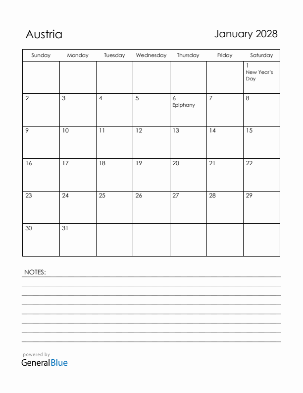 January 2028 Austria Calendar with Holidays (Sunday Start)