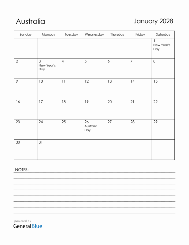January 2028 Australia Calendar with Holidays (Sunday Start)