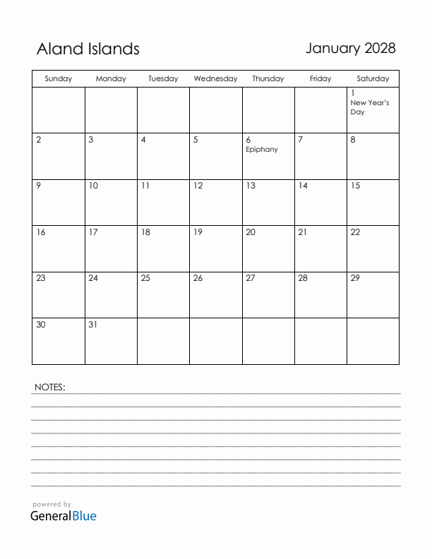 January 2028 Aland Islands Calendar with Holidays (Sunday Start)