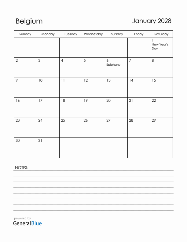 January 2028 Belgium Calendar with Holidays (Sunday Start)
