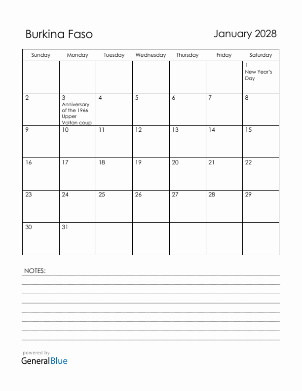 January 2028 Burkina Faso Calendar with Holidays (Sunday Start)