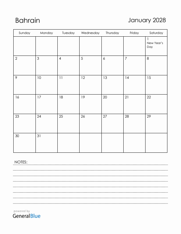 January 2028 Bahrain Calendar with Holidays (Sunday Start)