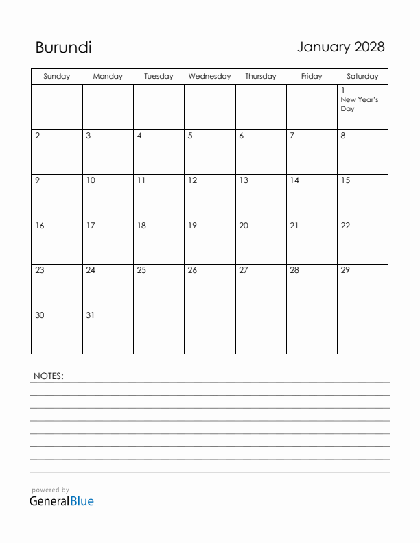 January 2028 Burundi Calendar with Holidays (Sunday Start)