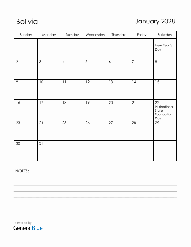 January 2028 Bolivia Calendar with Holidays (Sunday Start)